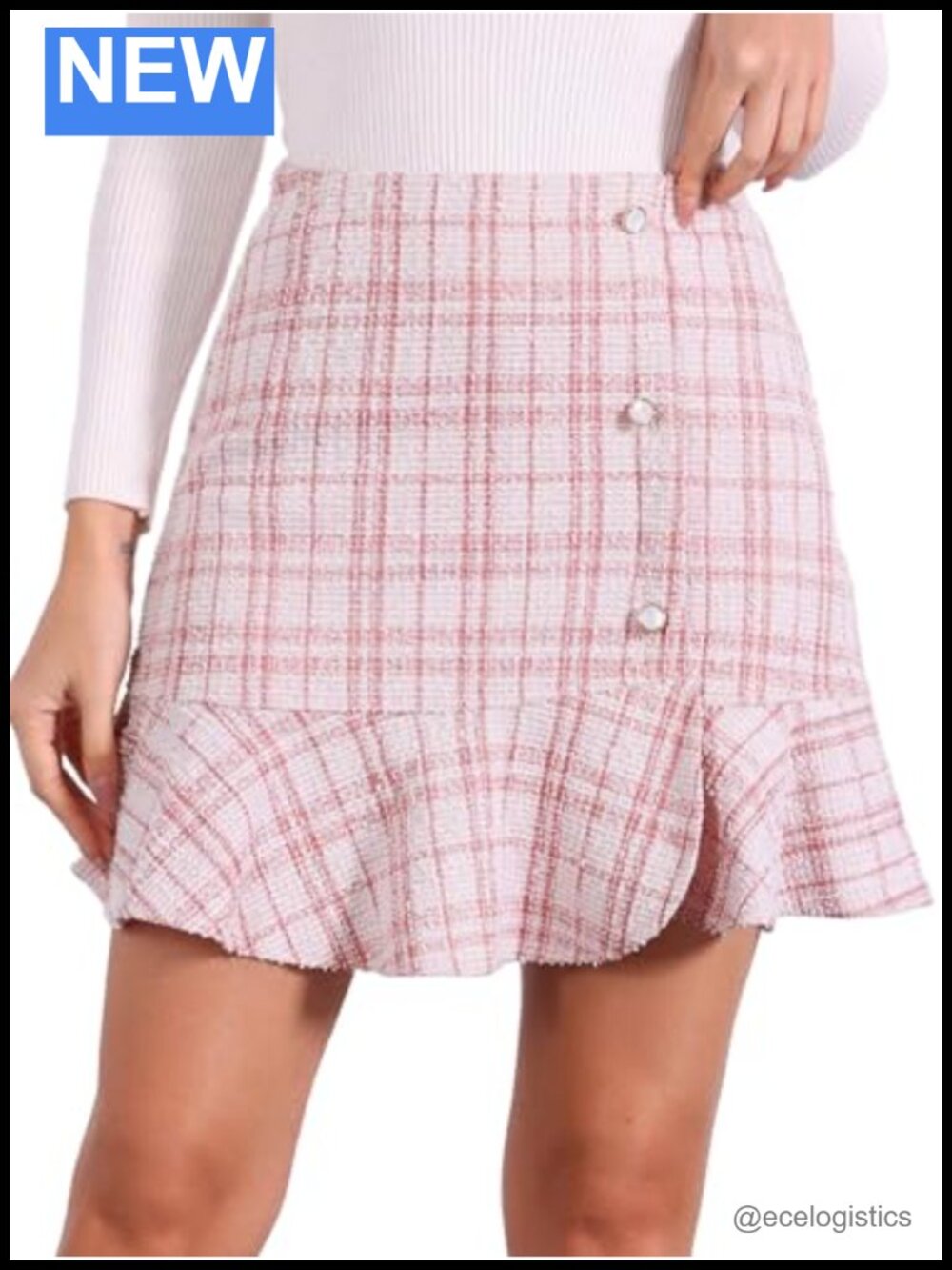 Plaid Tweed Mini Skirt High Waist Ruffle Hem